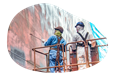 Sandblasting contractors working on a building.