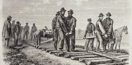 A lithograph of railroad workers.