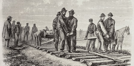 A lithograph of railroad workers.