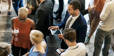 People mingling at a networking event.