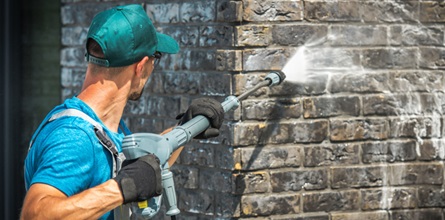 Small business employee pressure washing a building.