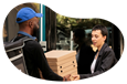 An Uber Eats driver delivers pizza to a customer.
