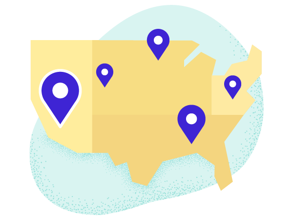 Map of United States with select cities pointed out