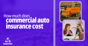 An image of a truck and two people looking at one another next to the words "How much does commercial auto insurance cost"