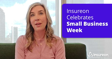 Jennifer Cromly, Director of Strategic Partnerships and Customer Segmentation, sitting next to the words "Insureon Celebrates Small Business Week"