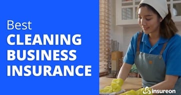 A cleaning business owner wiping down a counter next to the words, "Best Cleaning Business Insurance"